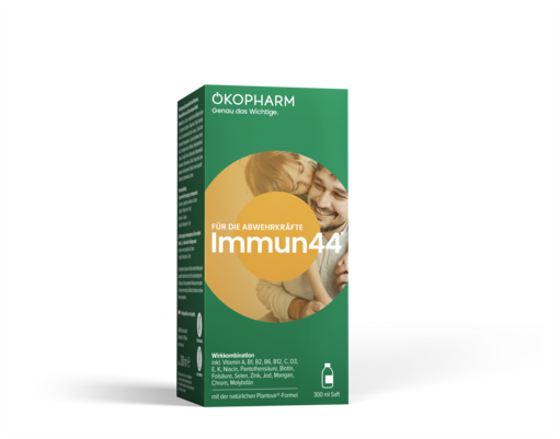 Sie sehen eine Packung Ökopharm® Wirkkombination für die Abwehrkräfte Immun44® Saft 300mL, Produktbild: 01 Ökopharm® Wirkkombination für die Abwehrkräfte Immun44® Saft 300mL, A-Nr.: 3245185 - 01