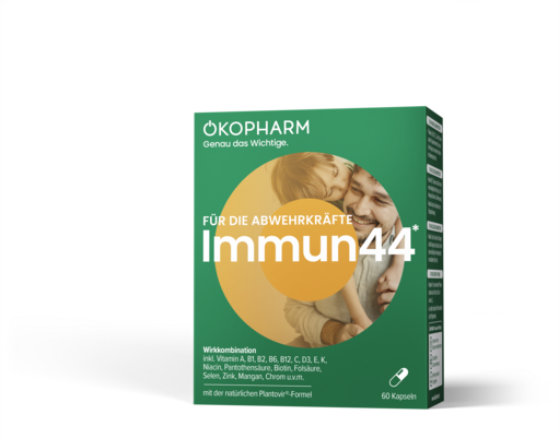Sie sehen eine Packung Ökopharm® Wirkkombination für die Abwehrkräfte Immun44® Kapseln 60ST, Produktbild: 01 Ökopharm® Wirkkombination für die Abwehrkräfte Immun44® Kapseln 60ST, A-Nr.: 3601935 - 01