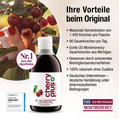 Sie sehen eine Packung Montmorency Sauerkirsch Konzentrat – hochkonzentriert – 1.450 Montmorency-Sauerkirschen pro Flasche, Produktbild: 04 Montmorency Sauerkirsch Konzentrat – hochkonzentriert – 1.450 Montmorency-Sauerkirschen pro Flasche, A-Nr.: 4753920 - 04