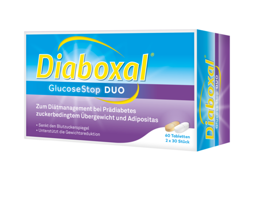 Sie sehen eine Packung Diaboxal® GlucoseStop DUO, Produktbild: 01 Diaboxal® GlucoseStop DUO, A-Nr.: 4765900 - 01