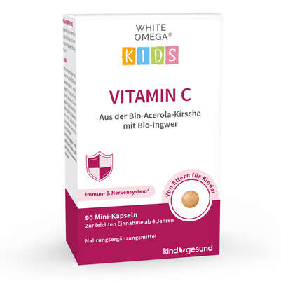 Sie sehen eine Packung Vitamin C für Kinder – aus Bio-Acerola-Kirsche – mit Bio-Ingwer – für das Immunsystem – zuckerfrei – 90 Mini-Kapseln (1 Monat), Produktbild: 01 Vitamin C für Kinder – aus Bio-Acerola-Kirsche – mit Bio-Ingwer – für das Immunsystem – zuckerfrei – 90 Mini-Kapseln (1 Monat), A-Nr.: 5895734 - 01