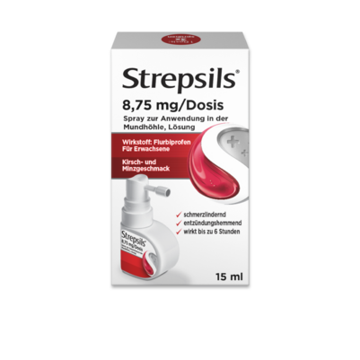 Sie sehen eine Packung Strepsils Mundspray Kirsch- und Minzgeschmack, Produktbild: 01 Strepsils Mundspray Kirsch- und Minzgeschmack, A-Nr.: 4215654 - 01