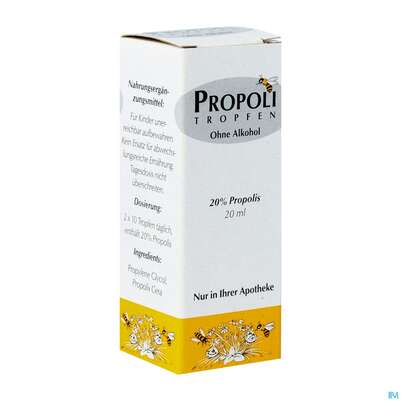 Sie sehen eine Packung Propolis Tropfen 20% Ohne Alkohol 20ml, Produktbild: 02 Propolis Tropfen 20% Ohne Alkohol 20ml, A-Nr.: 1751211 - 02