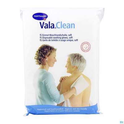 Sie sehen eine Packung Valaclean Soft Einmalwaschhandschuhe 15st, Produktbild: 01 Valaclean Soft Einmalwaschhandschuhe 15st, A-Nr.: 3424605 - 01