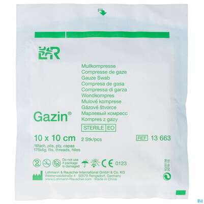 Sie sehen eine Packung Mullkompressen Gazin Baumw.17faedig Steril 16fach 10x10cm 2st, Produktbild: 01 Mullkompressen Gazin Baumw.17faedig Steril 16fach 10x10cm 2st, A-Nr.: 2570144 - 01