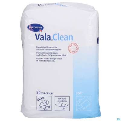 Sie sehen eine Packung Waschhandschuhe Valaclean Soft 50st, Produktbild: 01 Waschhandschuhe Valaclean Soft 50st, A-Nr.: 2304738 - 01
