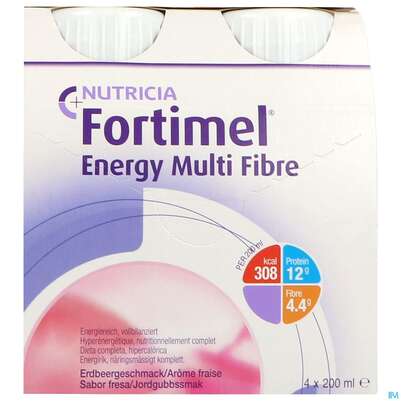 Sie sehen eine Packung Fortimel/multifibre 1,5kcal 200ml Flasche Erdbeer 4st, Produktbild: 01 Fortimel/multifibre 1,5kcal 200ml Flasche Erdbeer 4st, A-Nr.: 3237671 - 01