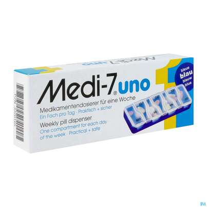 Sie sehen eine Packung Medikamentendosierer Medi-7 -pharmag Uno F.7 Tage Blau 1st, Produktbild: 02 Medikamentendosierer Medi-7 -pharmag Uno F.7 Tage Blau 1st, A-Nr.: 3451619 - 02