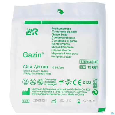 Mullkompressen Gazin Baumw.17faedig Steril 16fach 7,5x7,5cm 10st, A-Nr.: 2570115 - 01