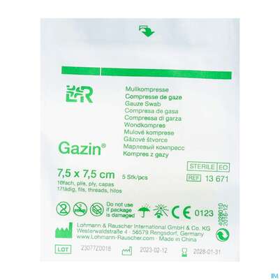 Mullkompressen Gazin Baumw.17faedig Steril 16fach 7,5x7,5cm 5st, A-Nr.: 2570138 - 02