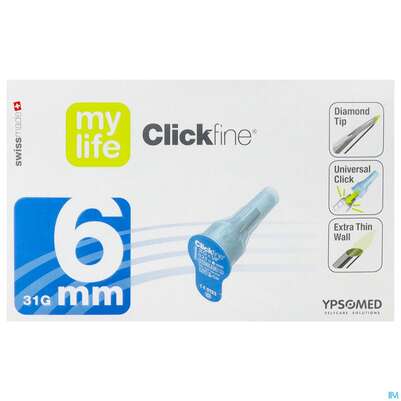 Sie sehen eine Packung Diagnostika U.zubehoer Mylife Clickfine Pen-nadeln 31gx 6mm 100st, Produktbild: 01 Diagnostika U.zubehoer Mylife Clickfine Pen-nadeln 31gx 6mm 100st, A-Nr.: 3943630 - 01