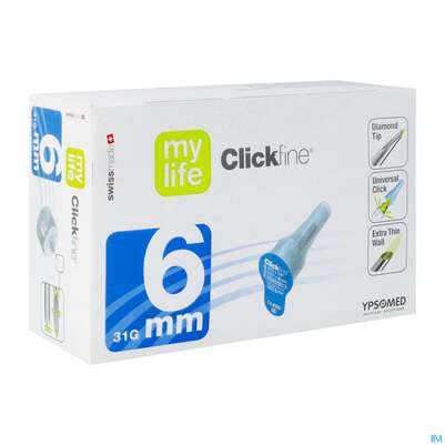 Sie sehen eine Packung Diagnostika U.zubehoer Mylife Clickfine Pen-nadeln 31gx 6mm 100st, Produktbild: 02 Diagnostika U.zubehoer Mylife Clickfine Pen-nadeln 31gx 6mm 100st, A-Nr.: 3943630 - 02