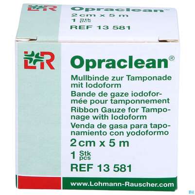 Sie sehen eine Packung Mullbinden Opraclean +jodoform 5mx 2cm 1st, Produktbild: 01 Mullbinden Opraclean +jodoform 5mx 2cm 1st, A-Nr.: 3610070 - 01