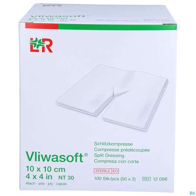 Sie sehen eine Packung Schlitzkompressen Vliwasoft 4fach Steril 10x 10cm 100st, Produktbild: 01 Schlitzkompressen Vliwasoft 4fach Steril 10x 10cm 100st, A-Nr.: 1518791 - 01