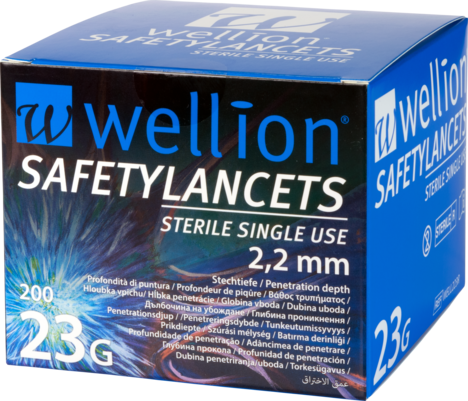 Sie sehen eine Packung Wellion SafetyLancets 23G, 200 Stk., Produktbild: 01 Wellion SafetyLancets 23G, 200 Stk., A-Nr.: 4041119 - 01