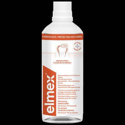 Sie sehen eine Packung elmex® Kariesschutz Zahnspülung 400ml, Produktbild: 01 elmex® Kariesschutz Zahnspülung 400ml, A-Nr.: 1552693 - 01