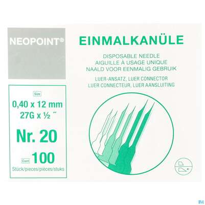 Sie sehen eine Packung Injektionsspritzen U.zubeh. Einmalkanuelen Neopoint Steril Grau Nr 20 27g L10220 100st, Produktbild: 01 Injektionsspritzen U.zubeh. Einmalkanuelen Neopoint Steril Grau Nr 20 27g L10220 100st, A-Nr.: 3013204 - 01