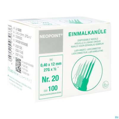 Sie sehen eine Packung Injektionsspritzen U.zubeh. Einmalkanuelen Neopoint Steril Grau Nr 20 27g L10220 100st, Produktbild: 02 Injektionsspritzen U.zubeh. Einmalkanuelen Neopoint Steril Grau Nr 20 27g L10220 100st, A-Nr.: 3013204 - 02