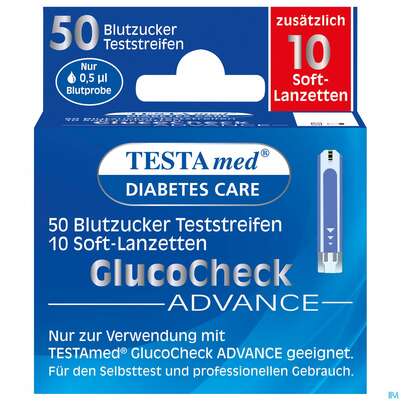 Sie sehen eine Packung Diagnostika U.zubehoer Testamed Advance Blutzuckerteststreifen +10 Lanzetten 50st, Produktbild: 01 Diagnostika U.zubehoer Testamed Advance Blutzuckerteststreifen +10 Lanzetten 50st, A-Nr.: 5441157 - 01