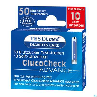 Sie sehen eine Packung Diagnostika U.zubehoer Testamed Advance Blutzuckerteststreifen +10 Lanzetten 50st, Produktbild: 02 Diagnostika U.zubehoer Testamed Advance Blutzuckerteststreifen +10 Lanzetten 50st, A-Nr.: 5441157 - 02