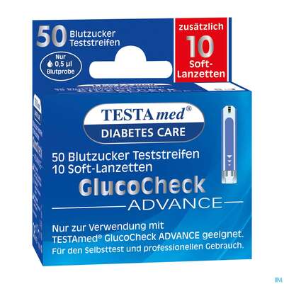 Sie sehen eine Packung Diagnostika U.zubehoer Testamed Advance Blutzuckerteststreifen +10 Lanzetten 50st, Produktbild: 03 Diagnostika U.zubehoer Testamed Advance Blutzuckerteststreifen +10 Lanzetten 50st, A-Nr.: 5441157 - 03
