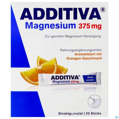 Sie sehen eine Packung Magnesium Sticks/granulat 375mg Orange Additiva 10012 20st, Produktbild: 01 Magnesium Sticks/granulat 375mg Orange Additiva 10012 20st, A-Nr.: 5809887 - 01