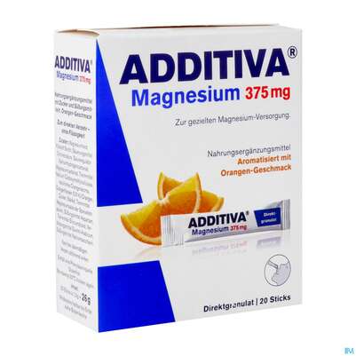 Sie sehen eine Packung Magnesium Sticks/granulat 375mg Orange Additiva 10012 20st, Produktbild: 02 Magnesium Sticks/granulat 375mg Orange Additiva 10012 20st, A-Nr.: 5809887 - 02