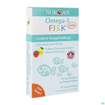 Sie sehen eine Packung Omega -3 Norsan/fisk Kids Jelly Kaugelee Drop Erdbeerzitrone 45st, Produktbild: 02 Omega -3 Norsan/fisk Kids Jelly Kaugelee Drop Erdbeerzitrone 45st, A-Nr.: 5819383 - 02