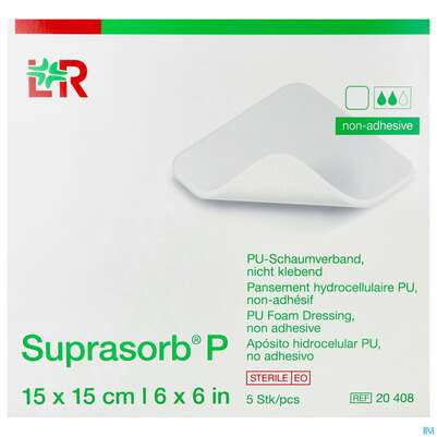 Sie sehen eine Packung Schaumverband Pu-suprasorb Steril P Nichtklebend 15x 15cm 5st, Produktbild: 01 Schaumverband Pu-suprasorb Steril P Nichtklebend 15x 15cm 5st, A-Nr.: 2575584 - 01