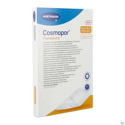 Sie sehen eine Packung Wundverband Cosmopor Transparent 9x15cm 5st, Produktbild: 02 Wundverband Cosmopor Transparent 9x15cm 5st, A-Nr.: 5790024 - 02