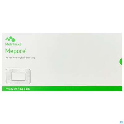Sie sehen eine Packung Wundverband Mepore Steril Pharm 9x 20cm 5st, Produktbild: 01 Wundverband Mepore Steril Pharm 9x 20cm 5st, A-Nr.: 3627337 - 01
