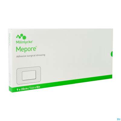 Sie sehen eine Packung Wundverband Mepore Steril Pharm 9x 20cm 5st, Produktbild: 02 Wundverband Mepore Steril Pharm 9x 20cm 5st, A-Nr.: 3627337 - 02