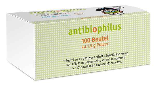 Sie sehen eine Packung Antibiophilus Pulver, Produktbild: 01 Antibiophilus Pulver, A-Nr.: 1258083 - 01