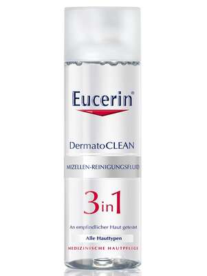 Sie sehen eine Packung Eucerin DermatoCLEAN 3 in 1 Reinigungsfluid, Produktbild: 01 Eucerin DermatoCLEAN 3 in 1 Reinigungsfluid, A-Nr.: 3799297 - 01
