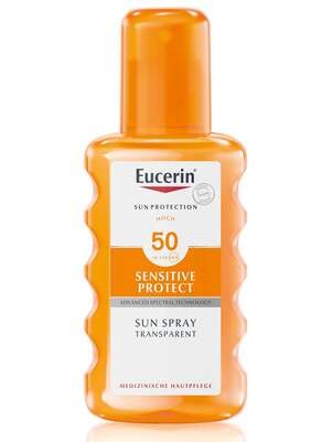 Sie sehen eine Packung Eucerin SUN SPRAY Transparent LSF 50, Produktbild: 01 Eucerin SUN SPRAY Transparent LSF 50, A-Nr.: 3816297 - 01