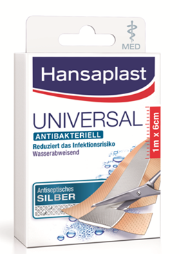 Sie sehen eine Packung Hansaplast Universal MED antibakteriell 1m x 6cm, Produktbild: 01 Hansaplast Universal MED antibakteriell 1m x 6cm, A-Nr.: 2843056 - 01