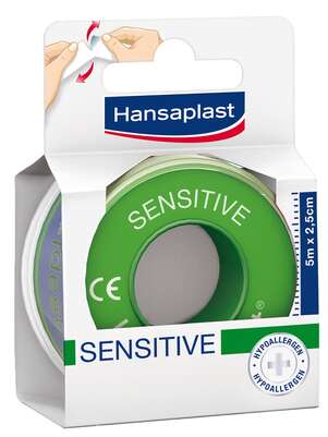 Sie sehen eine Packung Hansaplast Sensitive Rollenpflaster 1,25cm x 5m, Produktbild: 01 Hansaplast Sensitive Rollenpflaster 1,25cm x 5m, A-Nr.: 2843197 - 01