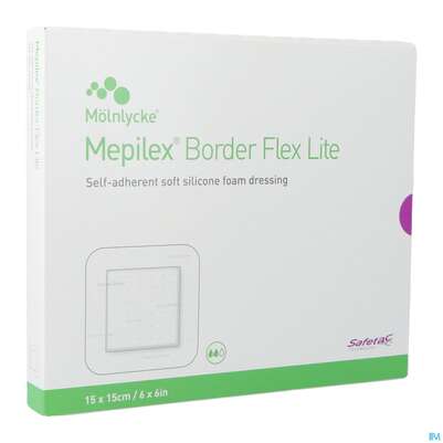 Sie sehen eine Packung Wundverband Mepilex Silikon Border/flex/lite 15x 15cm 5st, Produktbild: 02 Wundverband Mepilex Silikon Border/flex/lite 15x 15cm 5st, A-Nr.: 3067884 - 02