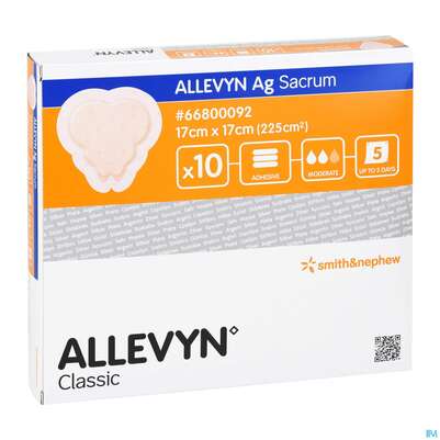 Sie sehen eine Packung Wundauflagen Allevyn Ag Sacrum Small 17x 17cm -smi 10st, Produktbild: 03 Wundauflagen Allevyn Ag Sacrum Small 17x 17cm -smi 10st, A-Nr.: 3692808 - 03