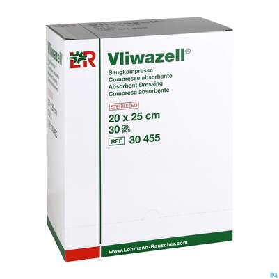 Sie sehen eine Packung Vliwazell Saugkompresse Steril 20x 25cm 30st, Produktbild: 01 Vliwazell Saugkompresse Steril 20x 25cm 30st, A-Nr.: 3588962 - 01