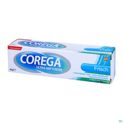 Sie sehen eine Packung Corega Ultra Haftcreme Starker Halt +frische 40g, Produktbild: 02 Corega Ultra Haftcreme Starker Halt +frische 40g, A-Nr.: 0155116 - 02