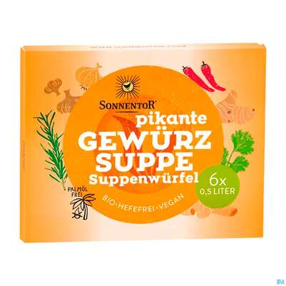Sie sehen eine Packung Sonnentor Bio Suppenwuerfel Pikant 10g 01401 6st, Produktbild: 01 Sonnentor Bio Suppenwuerfel Pikant 10g 01401 6st, A-Nr.: 4389696 - 01