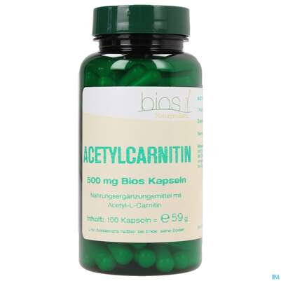 Sie sehen eine Packung Bios Acetylcarnitin 500mg 100 Kapseln, Produktbild: 01 Bios Acetylcarnitin 500mg 100 Kapseln, A-Nr.: 3992060 - 01