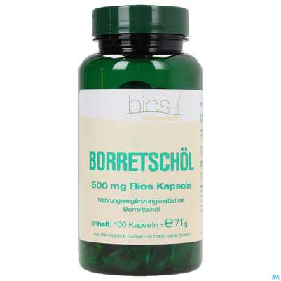 Sie sehen eine Packung Bios Borretschöl 500mg 100 Kapseln, Produktbild: 01 Bios Borretschöl 500mg 100 Kapseln, A-Nr.: 3890804 - 01
