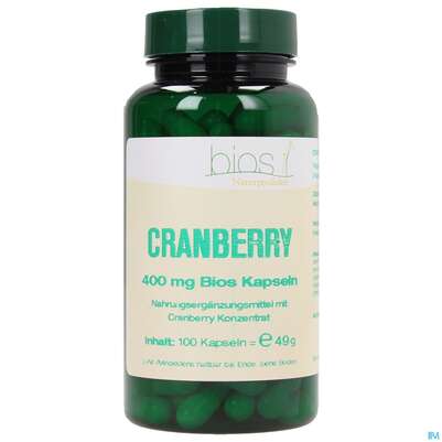 Sie sehen eine Packung Bios Cranberry 400mg 100 Kapseln, Produktbild: 01 Bios Cranberry 400mg 100 Kapseln, A-Nr.: 3891028 - 01