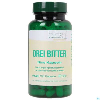 Sie sehen eine Packung Bios Drei Bitter 100 Kapseln, Produktbild: 01 Bios Drei Bitter 100 Kapseln, A-Nr.: 3891092 - 01