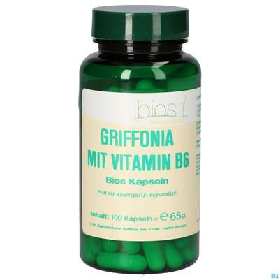 Sie sehen eine Packung Bios Griffonia Mit Vitamin B6 100 Kapseln, Produktbild: 01 Bios Griffonia Mit Vitamin B6 100 Kapseln, A-Nr.: 5585749 - 01