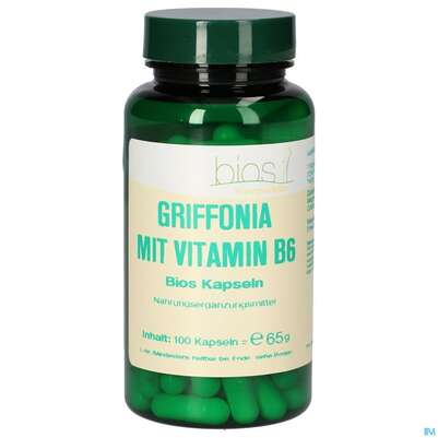 Sie sehen eine Packung Bios Griffonia Mit Vitamin B6 100 Kapseln, Produktbild: 02 Bios Griffonia Mit Vitamin B6 100 Kapseln, A-Nr.: 5585749 - 02