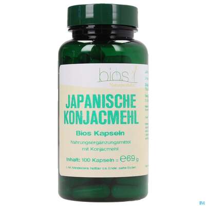 Sie sehen eine Packung Bios Japanische Konjacmehl 600mg 100 Kapseln, Produktbild: 01 Bios Japanische Konjacmehl 600mg 100 Kapseln, A-Nr.: 3891689 - 01