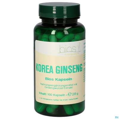 Sie sehen eine Packung Bios Korea Ginseng 100 Kapseln, Produktbild: 01 Bios Korea Ginseng 100 Kapseln, A-Nr.: 3891850 - 01